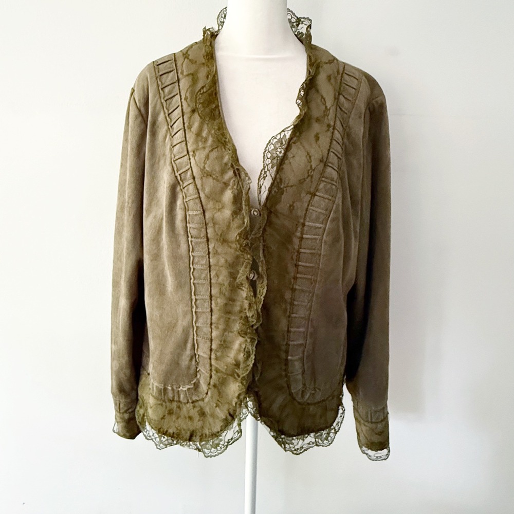 Vtg Victor Costa Jacket Womens L Lace Trim Faux Suede Romantic Victorian Whimsy